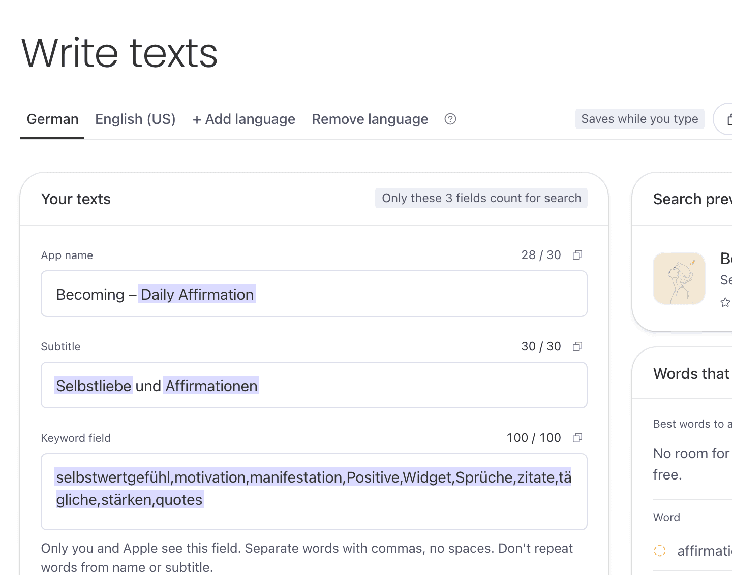 Listing builder with your texts and the search preview